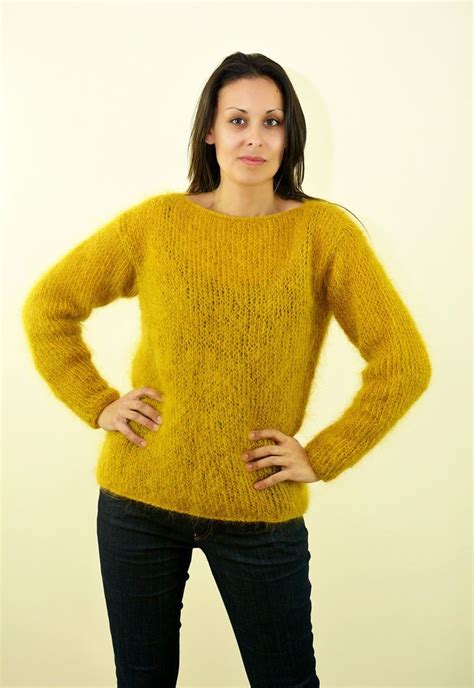 Yellow Hand Knitted Mohair Sweater Fuzzy Crew Neck Spring