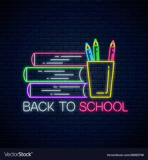 Neon Banner With Back To School Text Book And Vector Image Wallpaper