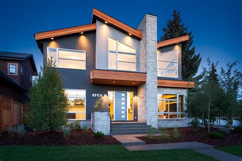 Calgary Grey Stucco Homes Exterior Modern With Landscape Contractors