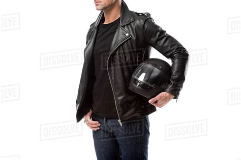 Cropped View Of Man In Leather Jacket Holding Motorcycle Helmet