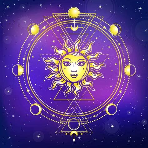 Mystical Drawing Sun Human Face Sacred Geometry Phases Moon Background