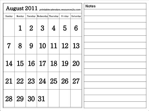 Free Calendars 2015 Bookmarks Cards August 2011 Calendar With Notes