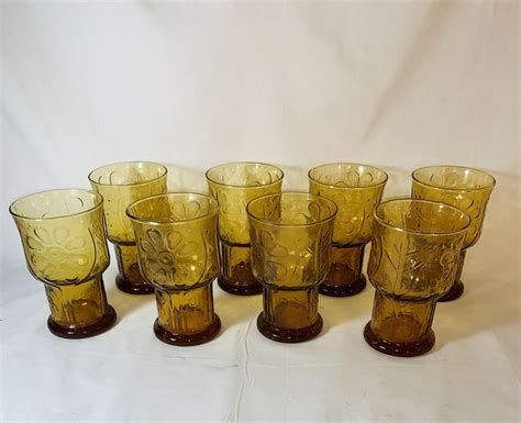 Vintage Amber Glasses Set Of Eight Sunflower Print Amber Glass Vintage Dinnerware Vintage