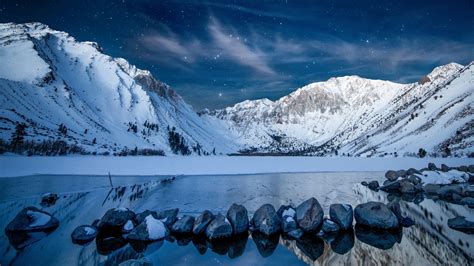 Lake With Snow Covered Mountain Reflection Under Blue Sky With Stars