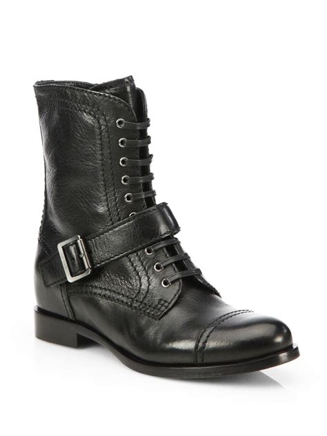 Prada Leather Buckle Mid Calf Boots In Nero Black Lyst