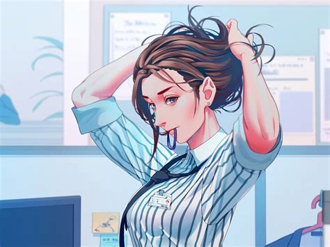 Desktop Wallpaper Office Anime Girl Adjusting Hairs Art Hd Image