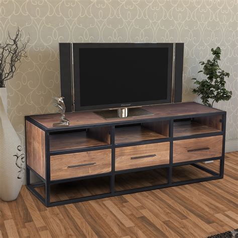 Acacia Wood Tv Unit With Metal Frame Walnut Brown And Black Wood Tv