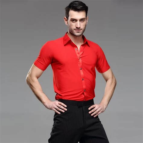 2019 New Men Ballroom Dance Tops Male Red Short Sleeves Latin Shirt