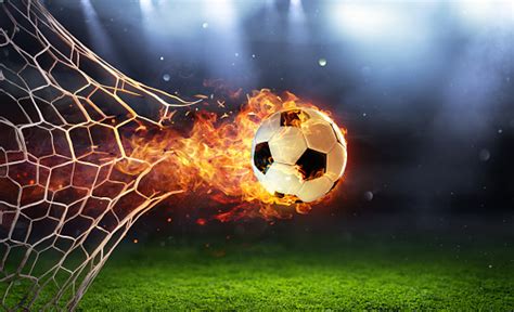 Fiery Soccer Ball In Goal With Net In Flames Stock Photo Download