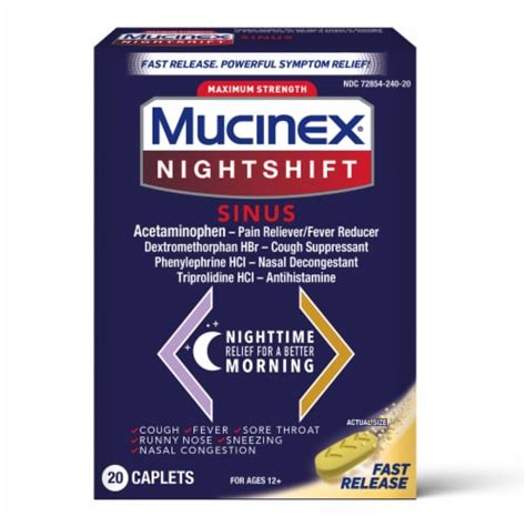 Mucinex Nightshift Sinus Max Strength Pain Reliever Cough Suppressant Nasal Decongestant Caplets