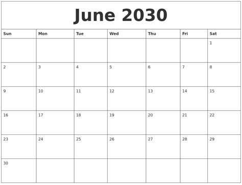 June 2030 Calendar Pages