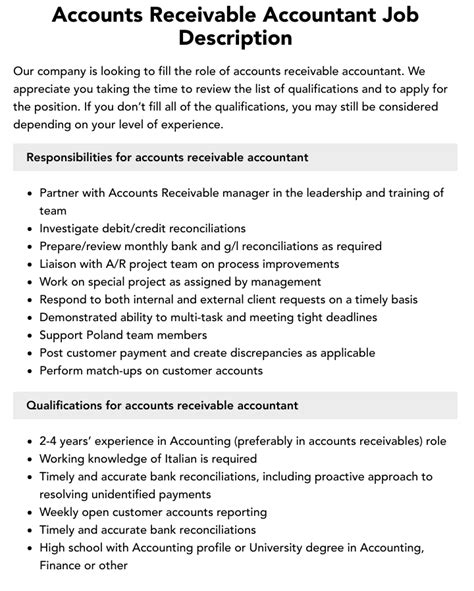 Accounts Receivable Accountant Job Description Velvet Jobs