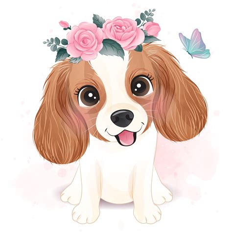Cute Little Cavalier King Charles With Floral Illustration Etsy