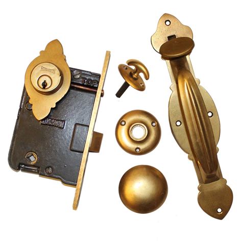 Complete Antique Exterior Brass Lock Set With Thumb Latch