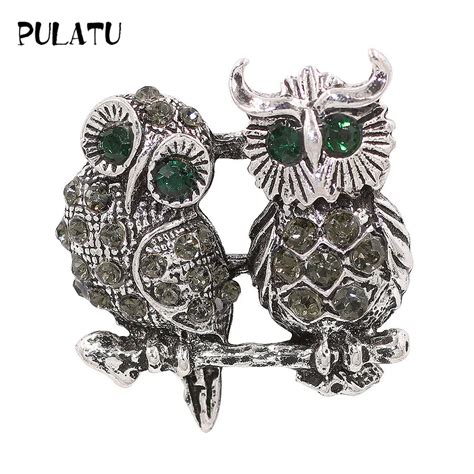 Pulatu Classic Owls Brooch Ancient Silver Metal Pave Rhinestone Party Decoration Vintage Pins