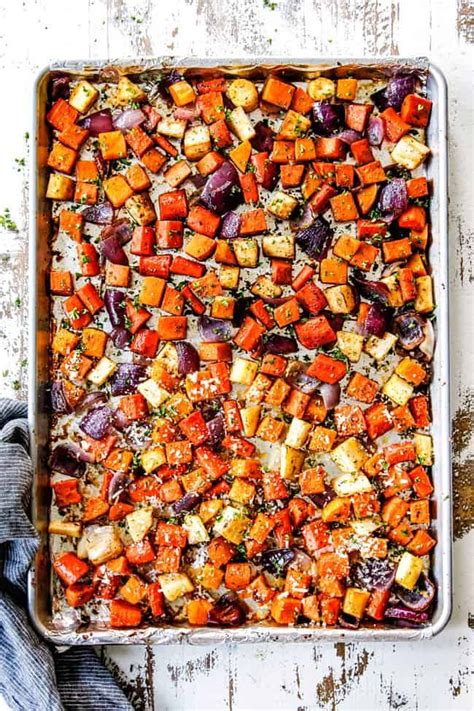 Top View Of A Sheet Pan Of Oven Roasted Vegetables Roasted Root
