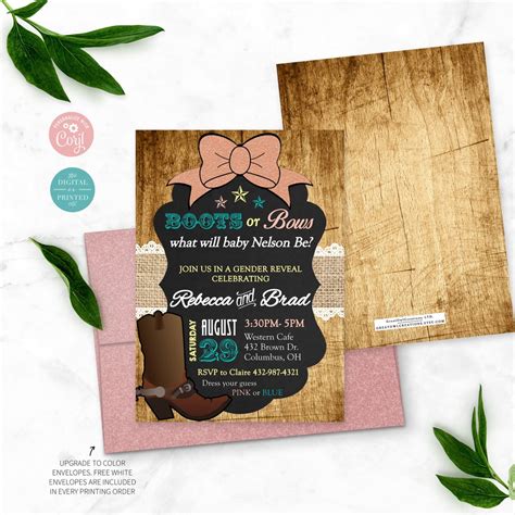 Boots Or Bows Gender Reveal Invitations Editable Instant Digital Or