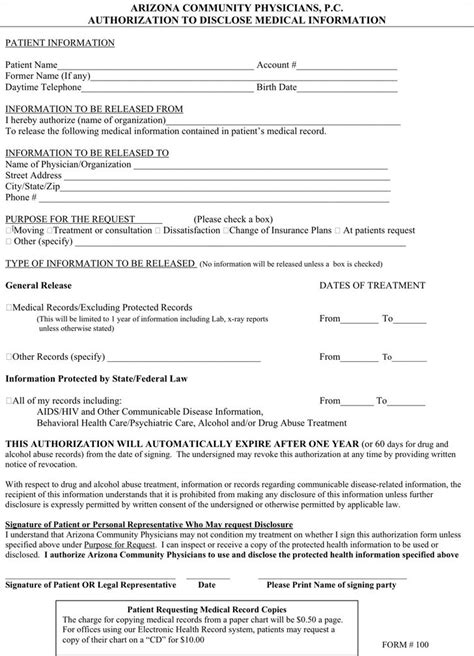 Arizona Medical Records Release Form Download Free Printable Blank