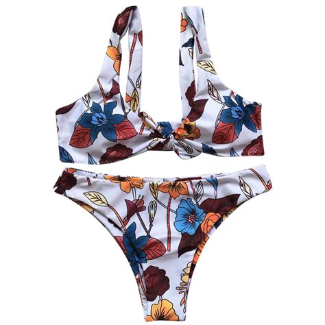 Trendy Shoulder Strap Floral Print Padded Tied Bikini Set Women