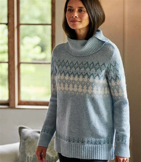 Blue Mistcream Pure Lambswool Womens Fairisle With Side Button Neck