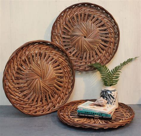 Due to its handcrafted nature, each piece of wall art will be unique. bamboo wall basket - large round rattan tray - shallow ...
