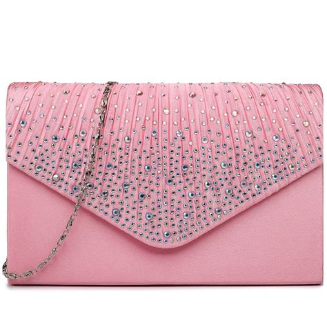 Ly1682 Miss Lulu Structured Diamante Studded Envelope Clutch Bag Pink