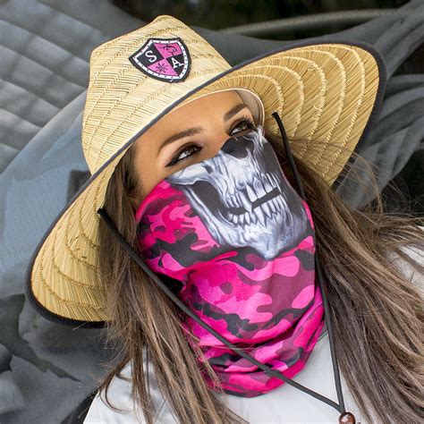 Bucket hat with detachable face shield. Pink Military Camo Skull Face Shield™ goes great with our ...