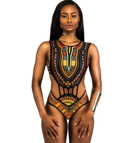 African Print Sexy Back Zipper Swimsuit Swimwear Geometric Gold High Waist Bathing Suits Bandage