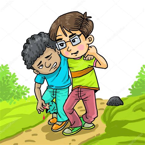 The Cartoon Of A Boy Helping His Friend That Was Injured