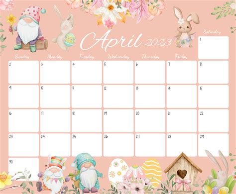 Editable April 2023 Calendar Happy Easter Day Cute Gnomes And Etsy