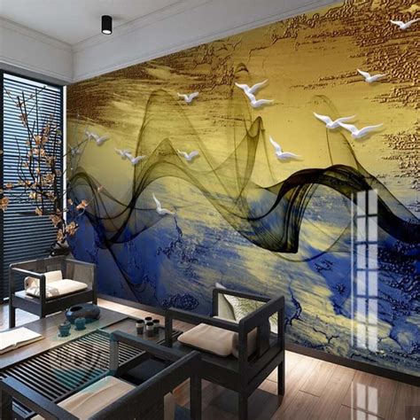 3d Abstract Stripe Bird Gold Wallpaper Mural Wall Murals Decals For