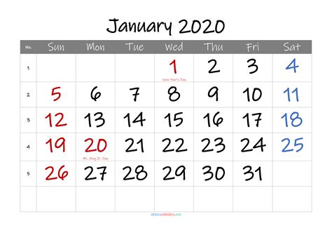 Free Printable January 2020 Calendar With Holidays