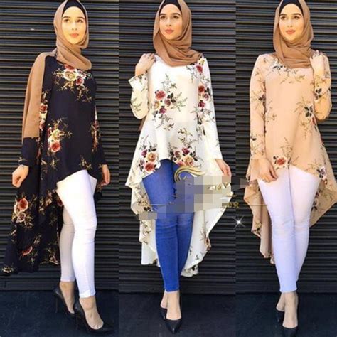 Muslim Abaya Dress Shirt Blouse Tops Print Flower Loose Style Plus Size
