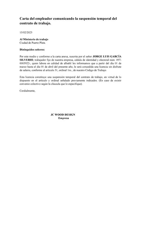 2 Carta Comunicando Suspension Carta Del Empleador Comunicando La