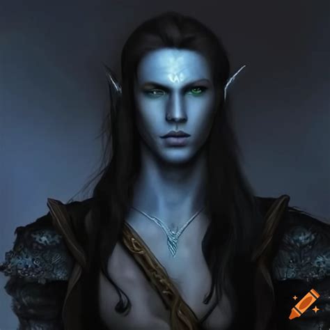 Artwork Of A Compelling Male Elf Bard With Blue Skin And Long Dark Hair