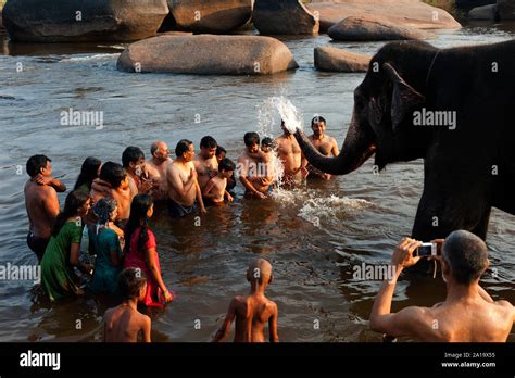 Indian People Bathing Tungabhadra River High Resolution Stock