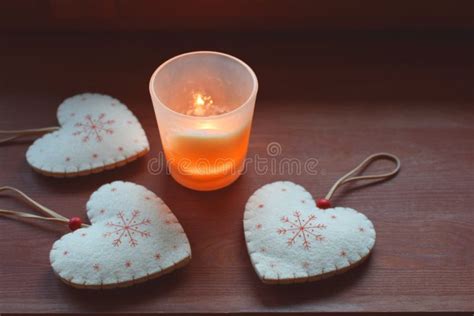 Burning Candle And Three Hearts Stock Image Image Of Copy Decoration