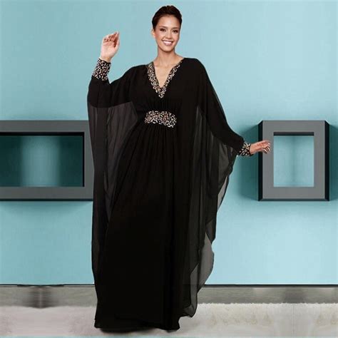 vestidos de festa caftan dubai arabic kaftan beaded chiffon black long sleeve evening dress
