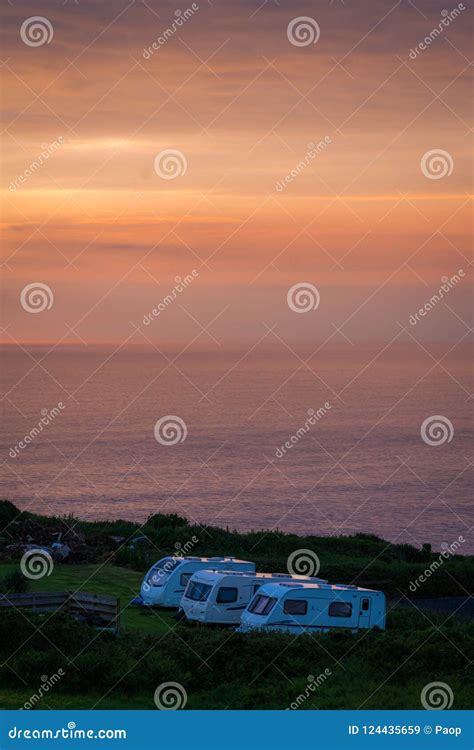 Camping Site And The Old Style Caravan Set Up With The Awning Editorial