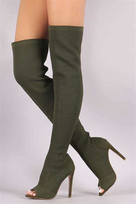 Thigh High Over Knee Stretchy Open Peep Toe Knitted Pull On Sock Boots Olive Boots