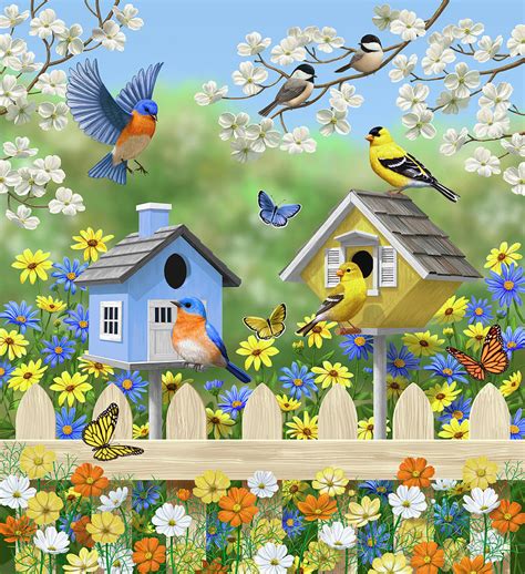 Bluebirds Goldfinches Chickadees Birdhouses Spring Flower Garden By