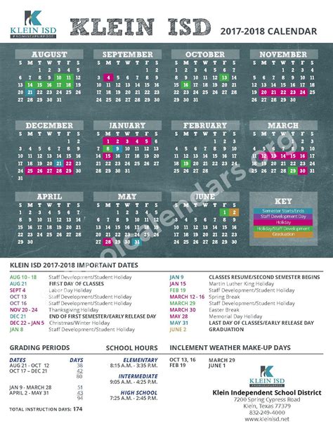 2017 2018 School Year Calendar Klein Independent School District