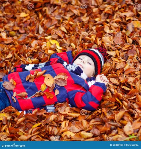 Cute Little Kid Boy On Autumn Leaves Background In Park Stock Photo
