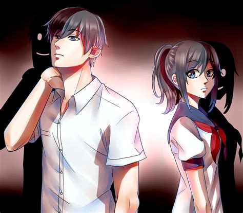 two anime characters standing next to each other in front of a dark background with one holding