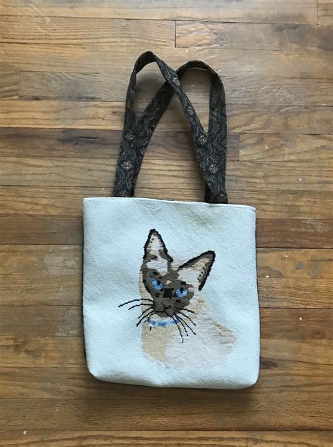 Vintage Siamese Cat Upcycled Wool Needlepoint Tapestry Boho Tote Bag