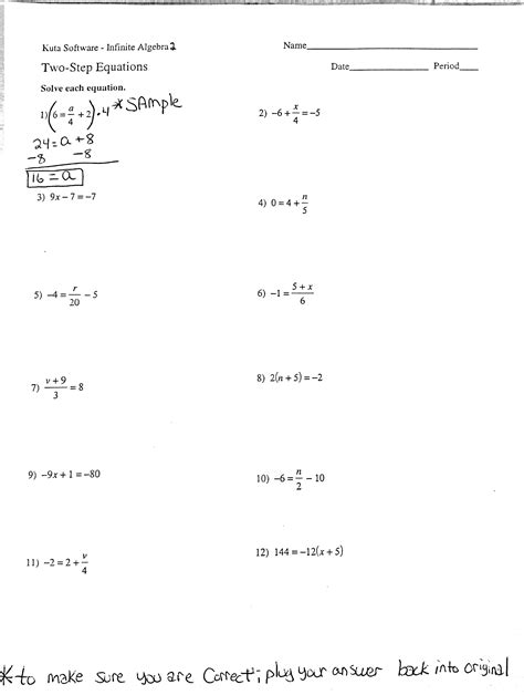 Two Step Equations Whole Numbers Worksheet Answer Key