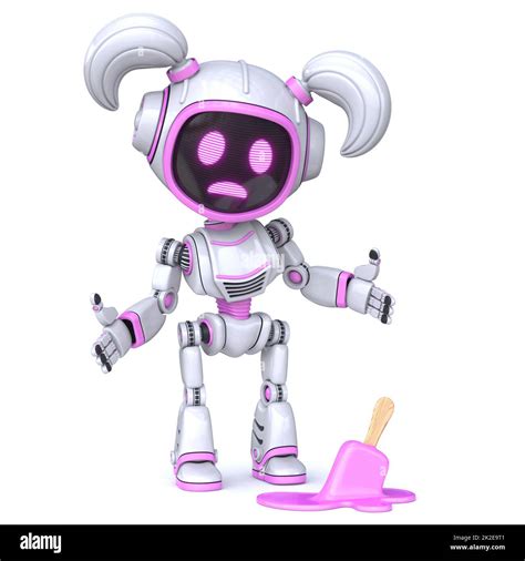 Cute Pink Girl Robot Dropped Ice Cream 3d Stock Photo Alamy