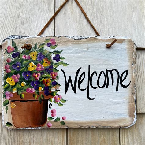 Painted Slate Welcome Sign Garden Slate Sign Floral Welcome Plaque