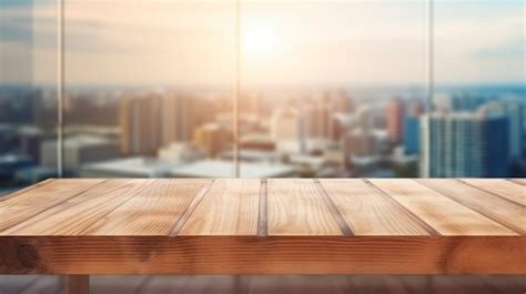Premium Ai Image Wood Table Top On Blur Glass Window Wall Building