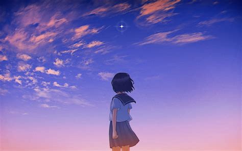 Download 1920x1200 Anime School Girl Sunset Scenic Back View Clouds